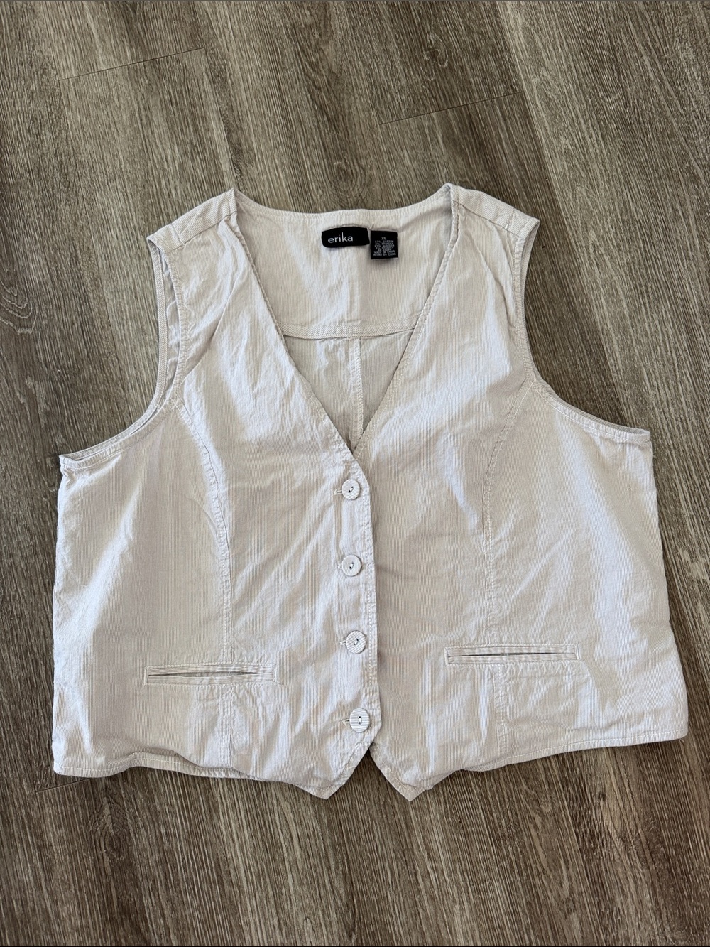 Vintage 90s Y2K Erika button down sleeveless vest beige pinstripe neutral XL